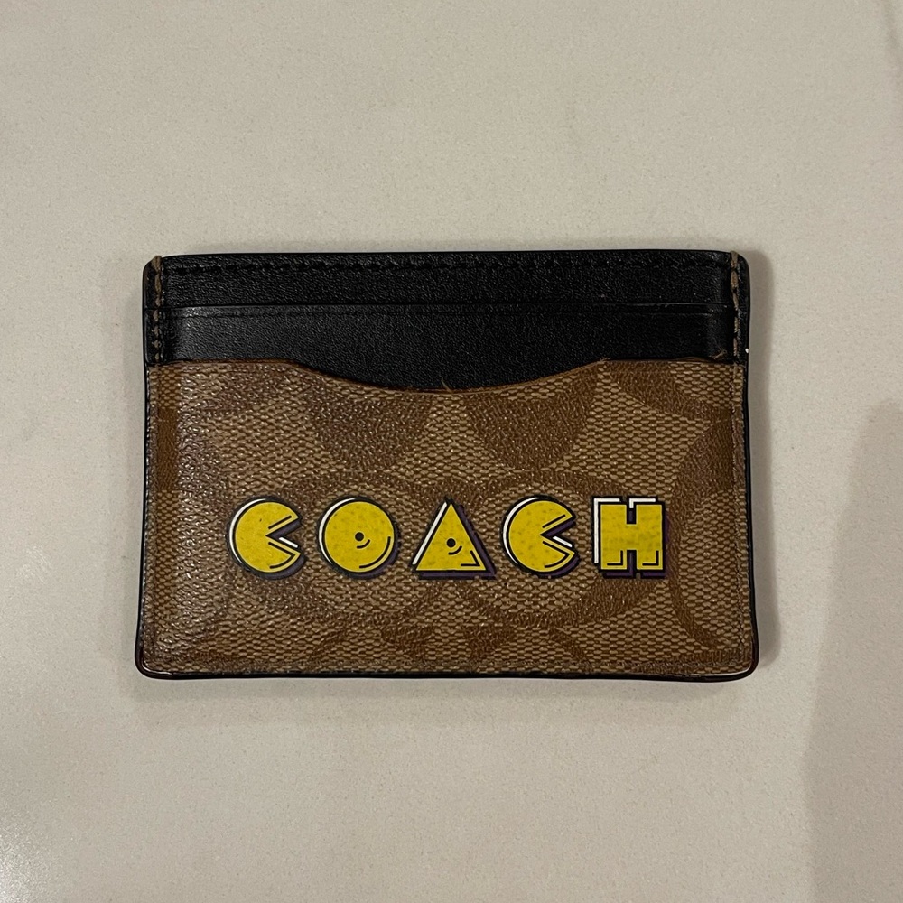 Coach Brown and Black Card Holder with Yellow Logo in Pac-Man font